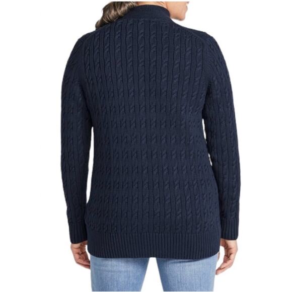 LL Bean Double L Cable Knit Cardigan Sweater Classic Navy Blue LP - Picture 2 of 8